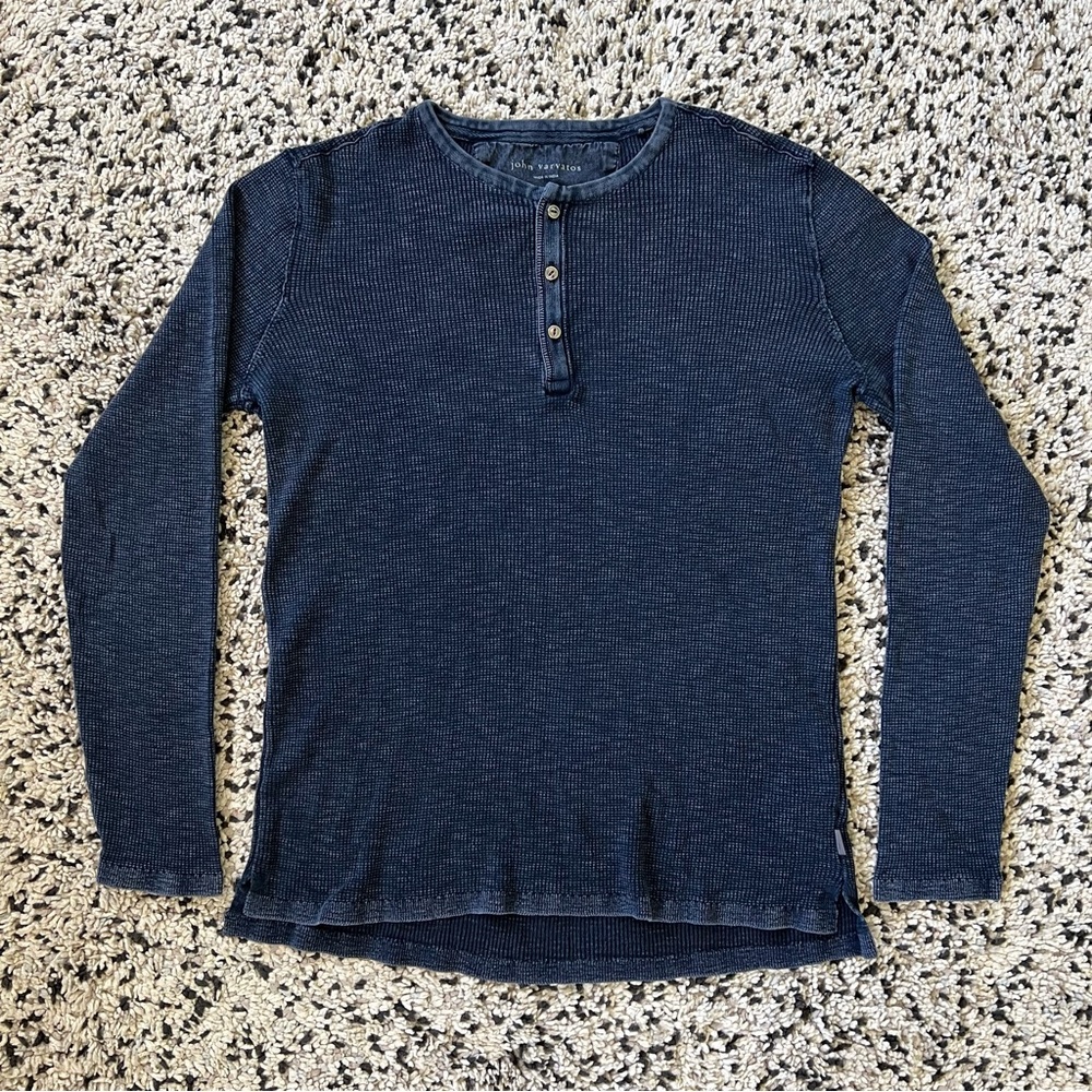 John Varvatos Waffle Henley Navy Blue Distressed Faded Long Sleeve Men’s Large - Picture 1 of 15